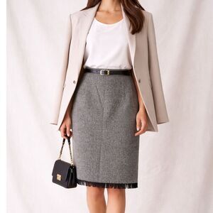 J. Jill Gray and Black Tweed Wool Blend Fringe Edge Pencil Skirt Size 10